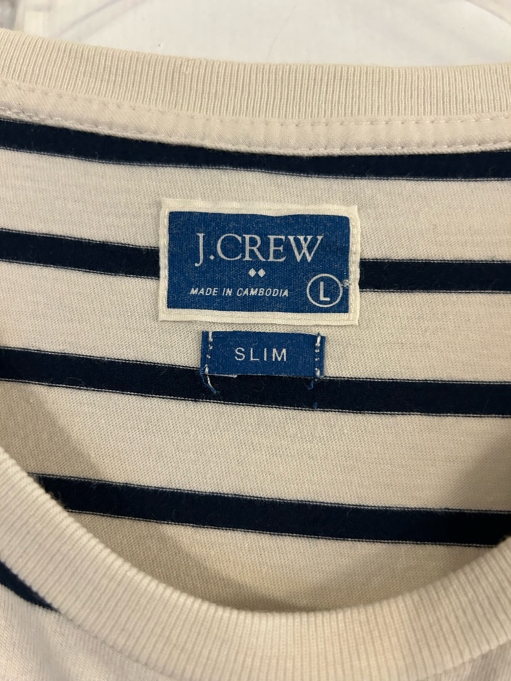 J. Crew Men’s Cream Crewneck T-Shirt with Navy Stripes - Picture 2 of 6